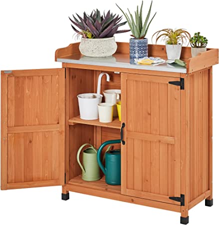 Topeakmart Potting Bench Table - Wooden Storage Cabinet with Removable Shelf & Flexible Space & Metal-Plated Tabletop for Indoor/Outdoor Garden Patio,Brown