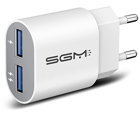 USB Wall Charger, SGM Fast Dual USB Travel Adaptor With SmartID Technology For Mobiles iPhone iPad Samsung Galaxy, HTC Nexus Moto Blackberry, Bluetooth Speaker Headset & Power Bank