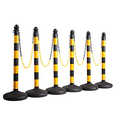 JAXPETY 6 Pack Plastic Stanchion Post Set Crowd Control Stands Barrier with 5PCS 39.4” Link Chain and C-Hooks, Black & Yellow