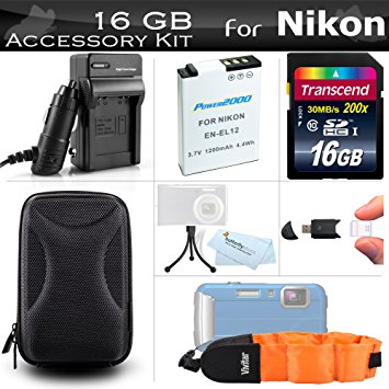 16GB Accessories Kit For Nikon COOLPIX AW120, AW110, AW100, AW130 Waterproof Digital Camera Includes 16GB High Speed SD Memory Card   Replacement EN-EL12 Battery   AC/DC Charger   Case   FLOAT STRAP