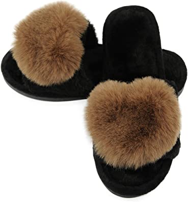Women's Fuzzy Fluffy Furry Fur Slippers Flip Flop Open Toe Cozy House Memory Foam Sandals Slides Soft Flat Comfy Anti-Slip Spa Indoor Outdoor Slip on
