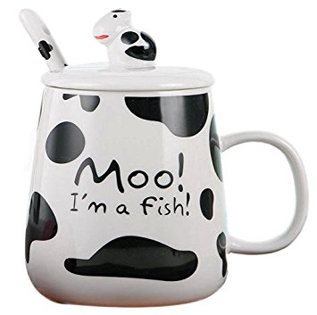 LaTazas Unique Christmas Present Idea - Morning Ceramic Milk Coffee Mug Cute Cow Pattern Design Best Gift Porcelain Funny Cup 16Oz with Lid and Spoon White