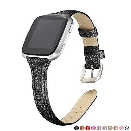 bayite Bands Compatible with Fitbit Versa, Slim Genuine Leather Band Replacement Accessories Strap Versa Women Men (5.3"-7.8")