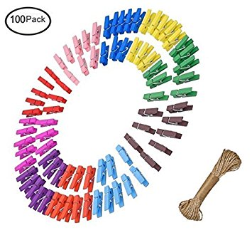 Magnolian 100 Pieces Mini Colored Natural Wooden Clothespins Photo Paper Peg Pin Craft Clips,Home Decoration Photo Clips with 33 Feet Jute Twine