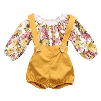 GRNSHTS Baby Girls Floral Suspenders Pant Set Long Sleeve Romper   Short Overalls