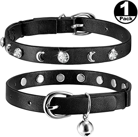 Joansan Adjustable Cat Collars Bell and Rhinestone, Basic Classic Black Leather, Safety Pet Cats Collar with Elastic, Length 7-10 Inch Fit for Cats, Kitten and Puppy