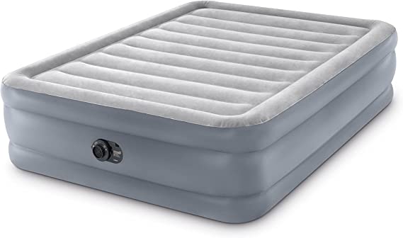 INTEX 66140MZ Dura-Beam Deluxe Extra Raised Air Mattress: Fiber-Tech – Queen Size – Built-in Electric Pump – 20in Bed Height – 600lb Weight Capacity