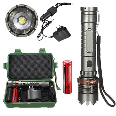 Leewa 8000LM Zoomable T6 LED Tactical Flashlight Torch   18650 Battery  1 x AC Charger  1XDC Charger  1x Camping Box