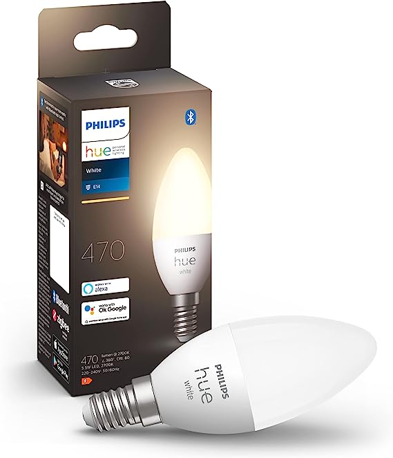 Philips Hue White Smart Light Bulb Candle 470 Lumen [E14 Small Edison Screw] With Bluetooth. Works with Alexa, Google Assistant, Apple Homekit