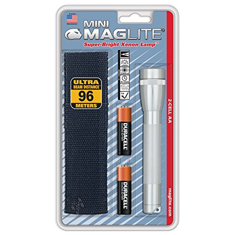 Maglite Mini Incandescent 2-Cell AA Flashlight with Holster, Silver