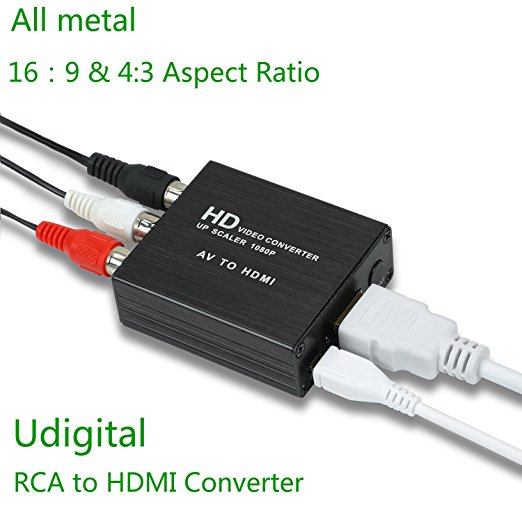 RCA to HDMI,Udigital mini RCA AV to HDMI Audio Video Adapter Converter could change aspect ratio 16:9 and 4:3 for PC Laptop Xbox PS4 PS3 HDTV STB VHS VCR Camera DVD USB Cable All metal Black