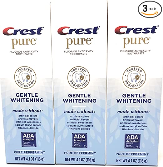 Crest Pure Gentle Whitening Fluoride Anticavity Toothpaste, Made Without Artificial Colors, Flavors, or Sweeteners - Pure Peppermint 4.1 oz (Pack of 3)