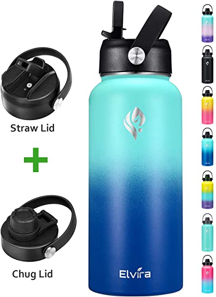 Elvira 32oz Vacuum Insulated Stainless Steel Water Bottle with Straw & Spout Lids Green-Blue