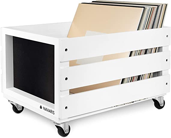 Navaris Wood Record Crate with Wheels - Vinyl Album Storage Holder Box Wooden Case with Chalkboard Sign Board - Holds up to 80 LP Records - White