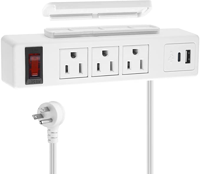 White Under Desk Power Strip, Adhesive Wall Mount Power Strip with USB, Desktop Power Strip, Removable Mount Multi-Outlets with 1 USB-A 1 USB-C Ports, 3 AC Plugs with Switch for Home Office Reading