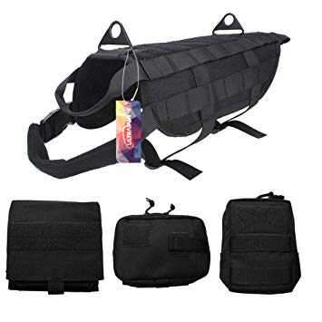 Ultrafun Tactical Dog Molle Harness Nylon Training Patrol Vest Packs with 3 Detachable Pouches