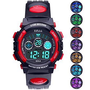 Kids Digital Watch, Boys Girls 50M(5ATM) Waterproof 7 Colors LED Multifunctional Sports Outdoor Wrist Watches with Alarm for Children