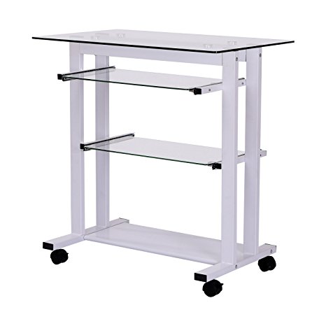 HomCom 33" Glass Top Mobile Home Office Computer Cart Desk - White