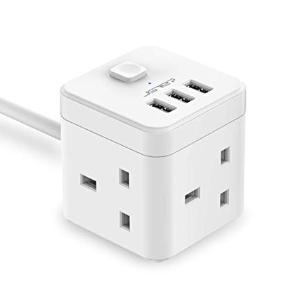 JSVER Cube Extension Lead with USB, 3 Way Switched Power Strip with 3 USB Ports Extension Socket with USB Charging Slots Surge Protector with 1.5M Cable for Home, Office, Hotel, Travel -White