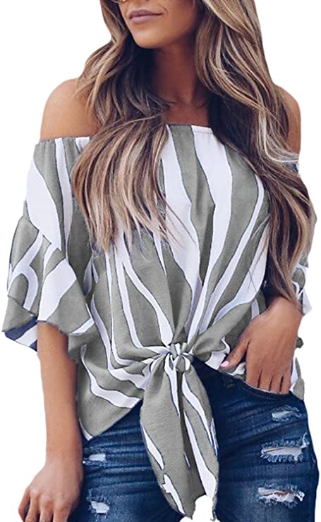 Asvivid Womens Striped Off The Shoulder Tops 3 4 Flared Bell Sleeve Blouses Summer Tie Knot T-Shirt