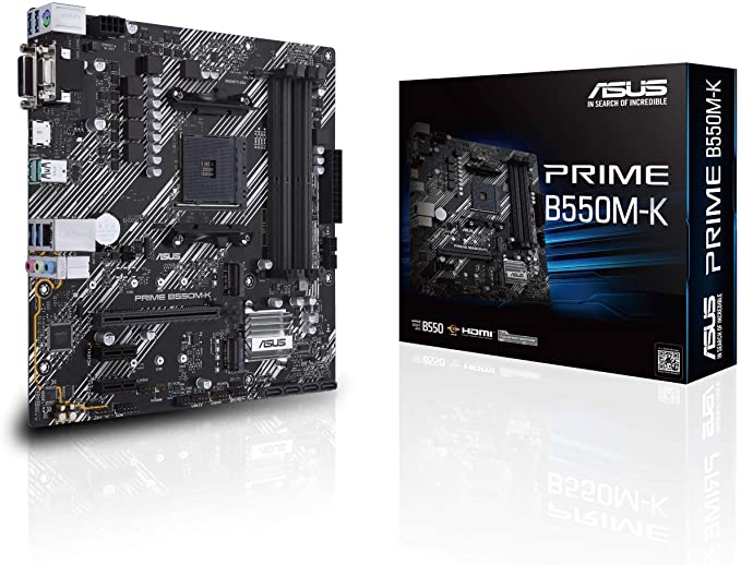 ASUS Prime B550M-K AMD AM4 Zen 3 Ryzen 5000 & 3rd Gen Ryzen Micro-ATX Motherboard (PCIe 4.0, ECC Memory, 1Gb LAN, Dual M.2, USB 3.2 Gen 2 Type-A,HDMI 2.1 4K@60Hz, DVI, D-Sub)