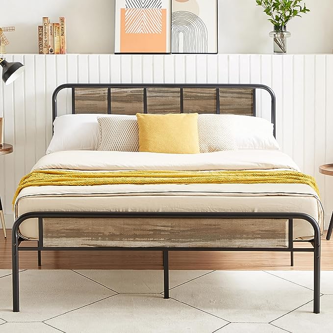 VECELO Full Size Platform Bed Frame with Wood Headboard/Mattress Foundation/Premium Steel Slats Support/No Box Spring Needed,Grey Slate(Industrial)