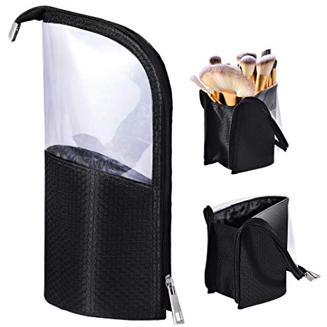 Travel Make-up Brush Cup Holder Organizer Bag, Pencil Pen Case for Desk, Clear Plastic Cosmetic Zipper Pouch, Portable Waterproof Dust-Free Stand-Up Small Toiletry Stationery Bag with Divider, Black