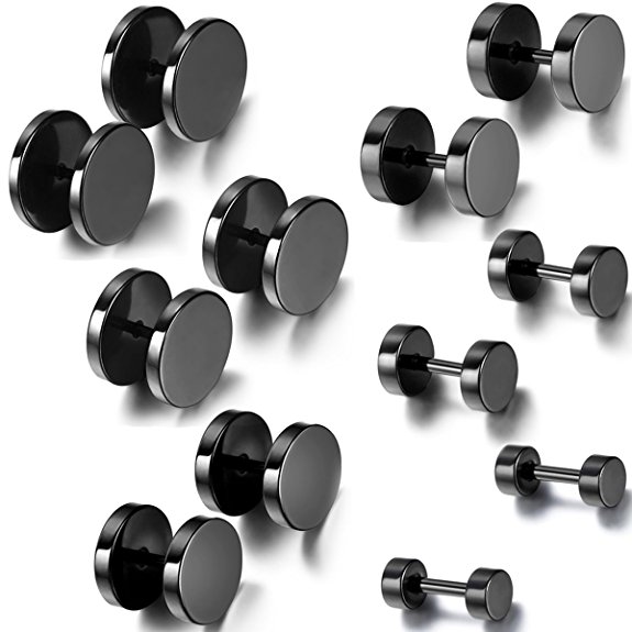 Aroncent 12PCS 6 Pairs 4-14mm Stainless Steel Black Tapers Cheater Faux Fake Ear Plugs Gauges Stud Earrings Set