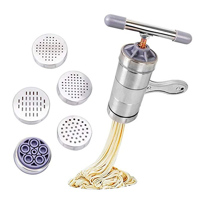 MyLifeUNIT Stainless Steel Manual Pasta Machine Noodle Maker, 5 Noodle Mould
