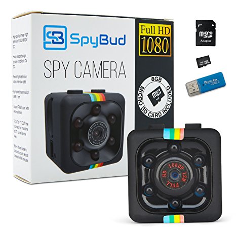Spy Bud HD Hidden Mini Spy Camera SQ11 - Portable Motion Detection - Night Vision - For Drone, Car, Home & Office - With 8GB SD Card, memory Card Adapter & Card Reader