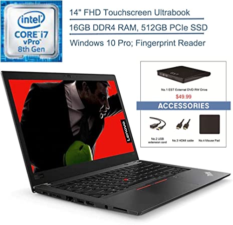 2020 Lenovo ThinkPad T480s 14" FHD Touchscreen Business Ultrabook Laptop Computer, 8th Gen Intel Quad-Core i7-8650U vPro, 16GB DDR4 RAM, 512GB PCIe SSD, Windows 10 Pro, EST External DVD   Accessories