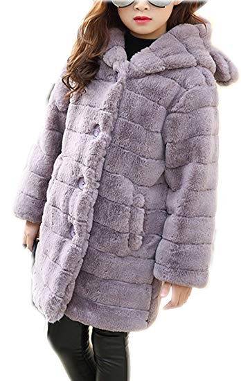 Girl's Long Warm Faux Fur Coat Thicken Fake Fox Hooded Front Button Jacket