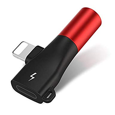 2 in 1 Mini Adapter & Splitter Compatible with iPhone XR/XS MAX/X / 7 Plus Headphone and Charging Converter Comes with Free Metal Key Ring (Red/AUX)