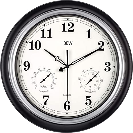 BEW Large Outdoor Clock, 45 cm Waterproof Clock with Thermometer and Hygrometer Combo, Silent Battery Operated Quartz Movement Decorative Clock for Garden, Patio, Pool, Fence (Metal, Black Silver)