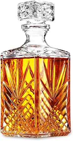 Glass Whiskey Decanter - Italian Crafted Elegant Liquor Decanter with Airtight Geometric Stopper, Bar Decanter for Wine, Bourbon, Brandy, Liquor, Juice, Vodka, Tequila, ETC. | 33.75 oz