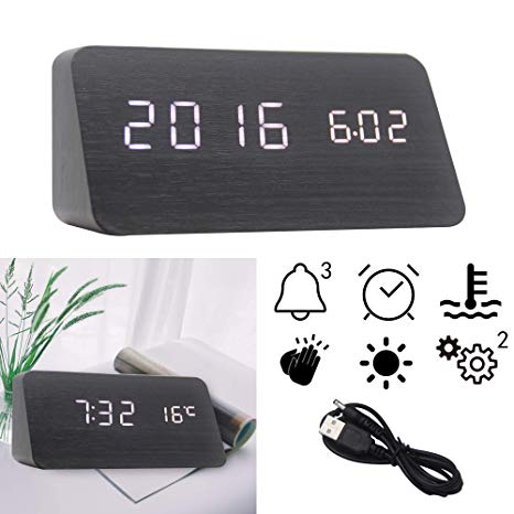 OFLILAK Wooden Digital Alarm Clock, 3 Levels Adjustable Brightness and Voice Control, Display Time Temperature Date for Bedroom Office Home(Black)