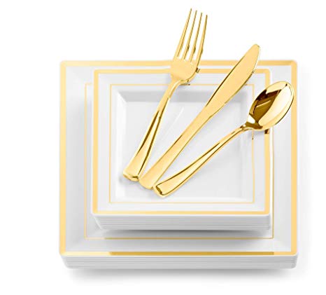125-Piece Elegant Plastic Plates & Cutlery Set Service for 25 Disposable Place Setting Include: 25 Dinner Plates, 25 Dessert Plates, 25 Forks, 25 Knives, 25 Spoons (Gold Square) - Stock Your Home