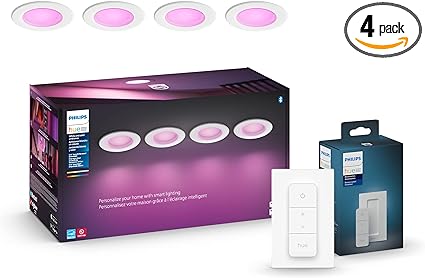 Philips Hue White and Color Ambiance Extra Bright High Lumen Dimmable Recessed LED Smart 6" Downlight for Retrofit Cans, Pack of 4 with Smart Dimmer Switch and Remote, Installation-Free, White