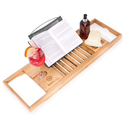 Bathforia Bathtub Caddy Tray Deluxe Bamboo Bath Accessories Non-Slip Adjustable Wine Holder Book Rest Tablet Holder