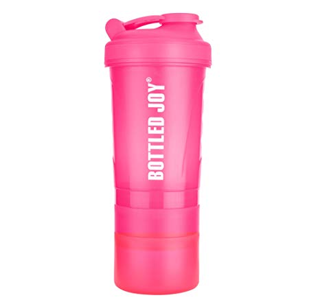 BOTTLED JOY Protein Shaker Bottle with 3-Layer Twist and Lock Storage, 100% BPA-Free Leak Proof SportMixer Fitness Sports Nutrition Supplements Non-slip Mix Shake Bottle 20oz 600ml (Pink)