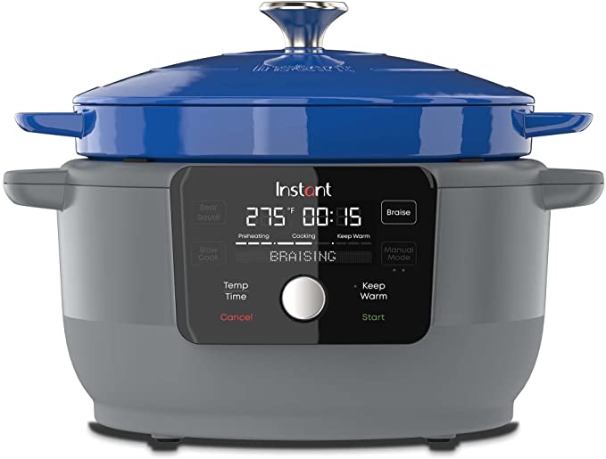 Instant Precision Dutch Oven, 5-in-1: Braise, Slow Cook, Sear/Sauté, Cooking Pan, Food Warmer, 6-Quart, Cast Iron, French Blue