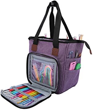 Katech Yarn Storage Bag Large Capacity Portable Knitting Tote Bag Empty Crochet Organizer Basket Bags for Carrying Yarn Balls, Crochet Hooks, Knitting Needles, Crochet and Sewing Accessories (Purple)