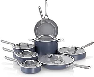 Ninja NeverStick Ceramic Pro 14-Piece Cookware Set, Non-Stick Pots & Pans Set with Glass Lids, Ceramic Coated, Stainless Steel, Stove to Oven Safe, All Stovetops & Induction Compatible, Blue CW39014MM