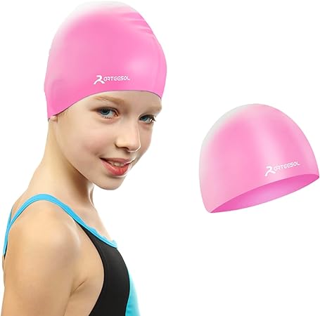 Kids Swimming Cap for Boys and Girls - Silicone Swim Caps for Age 5-12 Child Youth Teen - Swimming Hats Comfortable Fit for Long Hair