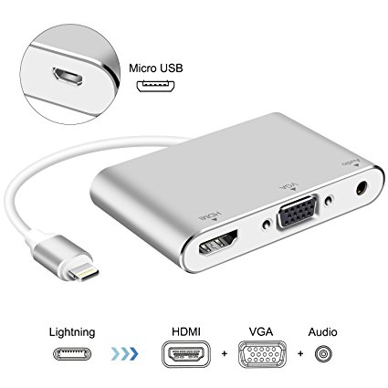 Lightning - Digital AV Adapter, ink-topoint Lightning to HDMI & VGA & Audio Video Conversion Adapter with Micro USB charging cable for Apple iPhone iPad