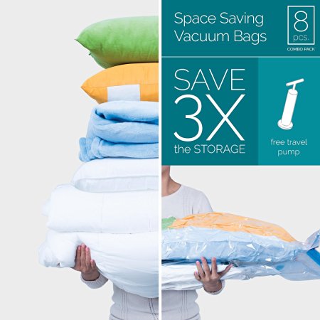 Storage Genie - Space Saving Vacuum Bags (8pcs Combo Pack) Jumbo Size, Medium, & Large for Baby Clothes, Winter Coats, Comforters, Blankets with Travel Pump