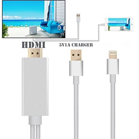 PinPle® HDMI Adapter Cable, 6.4ft Apple 8-Pin to 1080P HDMI Video AV Cable Connector with USB Charging Cable for iPhone 5 5S 5C 6 6S Plus (Sliver)