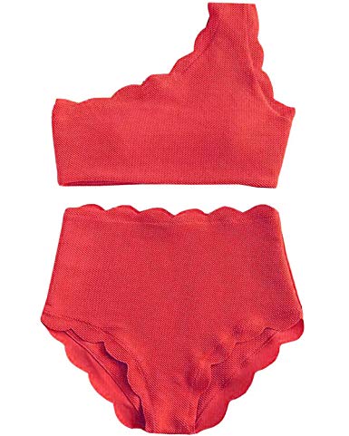 High Waisted Swimsuit Two Piece Bikini Set Scalloped Vintage Women Off Shoulder Elastic Swimwear