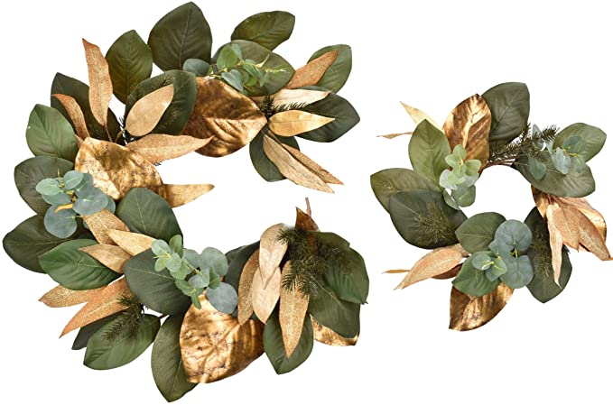 Cloris Art Christmas Wreaths for Indoors Front Door 16 Inch Eucalyptus & Magnolia Leaves   Pine Needle 4 ft Garland(DIY) for Farmhouse Home Wedding Party Wall Decor(Gold & Green)