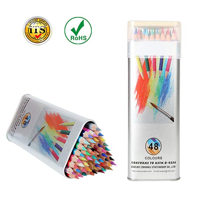 Kasimir Colored Pencils Watercolor Oil Based Pencil Sets with Tin Box Soft Core for Kid Adult Artist Professional Anime Adult Coloring Books（Pack of 48）